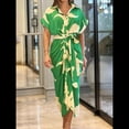 thumbnail image 2 of Vestido Camisero Fruncido con Botones para Mujer, Corta, Solapa, Cuello en V, Elegante Vestido Maxi Floral de Fiesta con Cinturón Verde M, 2 of 5