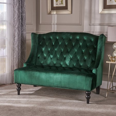 - Noble House Lenore Traditional Tufted Winged Velvet Loveseat,Emerald