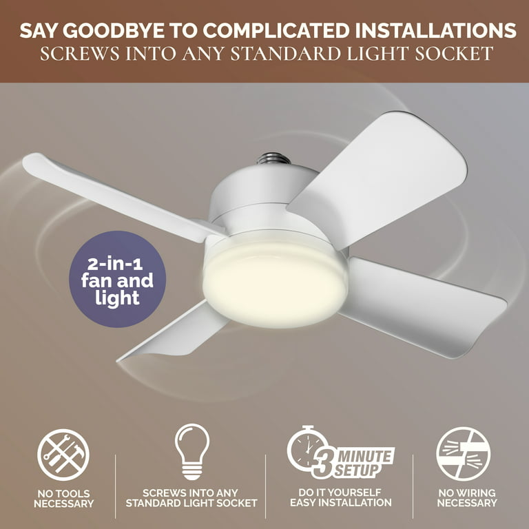 Bell and Howell Socket Ceiling Ceiling Fan with White Finish, Light  Adjustable Ceiling Light 1000 Lumens, 4 blades 