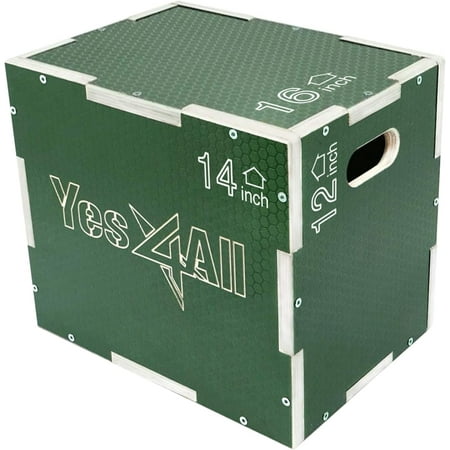 Yes4All 3-in-1 Wooden Plyo Box, Non Slip Surface with Hex Grip, Three Different Height, 16" 14" 12", Green Color