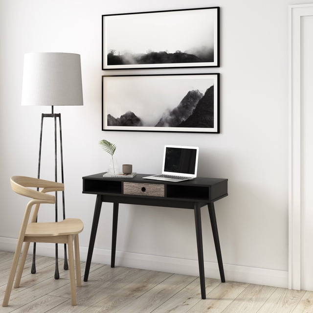 CorLiving Acerra Engineered Wood Adult Entryway Desk with Dark Woodgrain Finish Center Drawer and Solid Wood Legs, Black