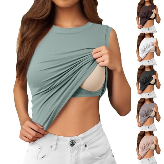 SXCXLSA Women's Casual Round Neck Tank Tops with Built in Bras Sleeveless Summer Basic Top Integrated Cup Padded Undershirt Slim Fit Comfortable Blouse Versatile Daily Wear Tee Shirt