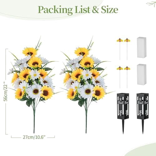 Artificial Cemetery Flowers for Grave: 2 Pcs Yellow White Sunflower Grave Flower Bouquets for Cemetery Decorations - Fall Outdoor Gravesite Flowers with Vase$$Home Decor, Kitchen, & Other