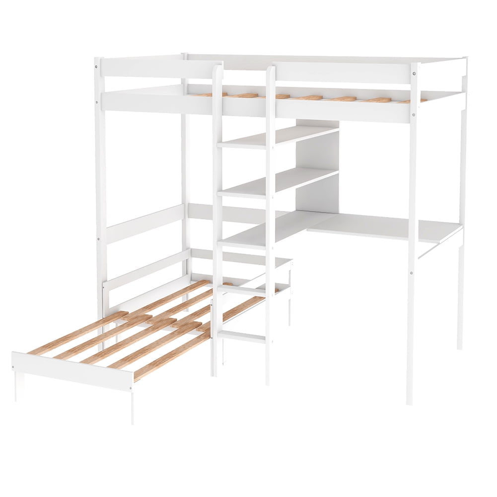 Lowestbest Convertible Loft Bed with L-Shape Desk, Twin Bunk Bed with Trundle and Shelves Lowestbest Convertible Loft Bed with L-Shape Desk, Twin Bunk Bed with Trundle and Shelves