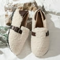 thumbnail image 4 of Fuzzy Slippers for Women Fashion Buckle Strap Slip on Winter Loafers Casual Warm Low Top Flat Walking Shoes White Size 7.5, 4 of 7