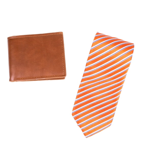 UMO LORENZO Men's Poly Woven Tie & Wallet Gift Box Set, Orange Striped Tie & Brown Wallet