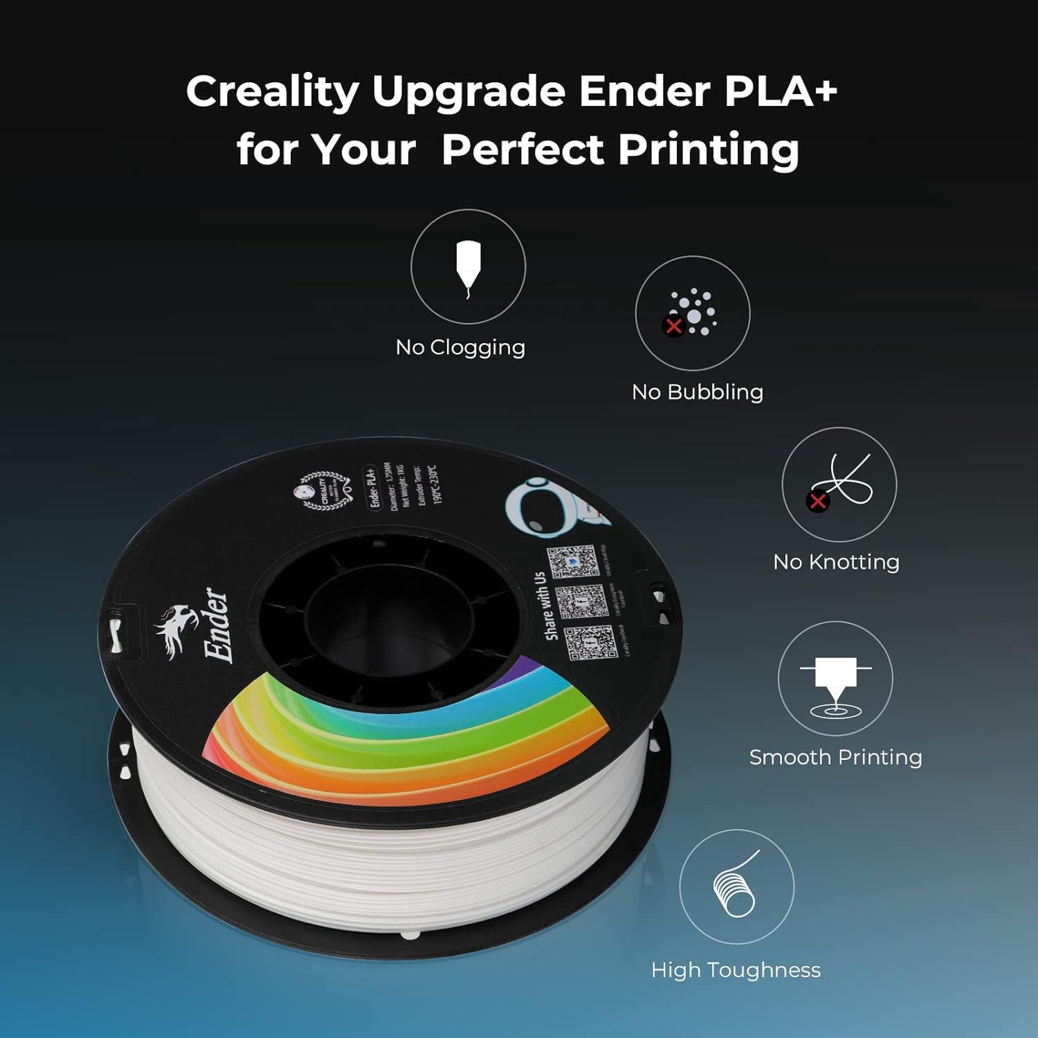 Creality Ender PLA+ Filament White, 1KG Spool (2.2lbs), 1.75mm Diameter, Compatible with 99% FDM 3D Printers, Strong Toughness, Clog-Free, Vacuum Packaged, High Precision, Eco-Friendly