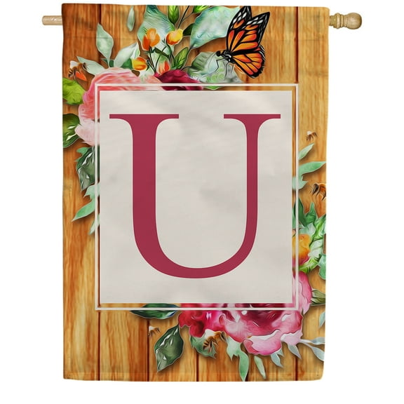 America Forever Spring Monogram House Flag Letter U 28 x 40 inches Double Sided Vertical Outdoor, Yard, Lawn, Seasonal Decorative Flowers Bees and Butterflies Summer House Flag