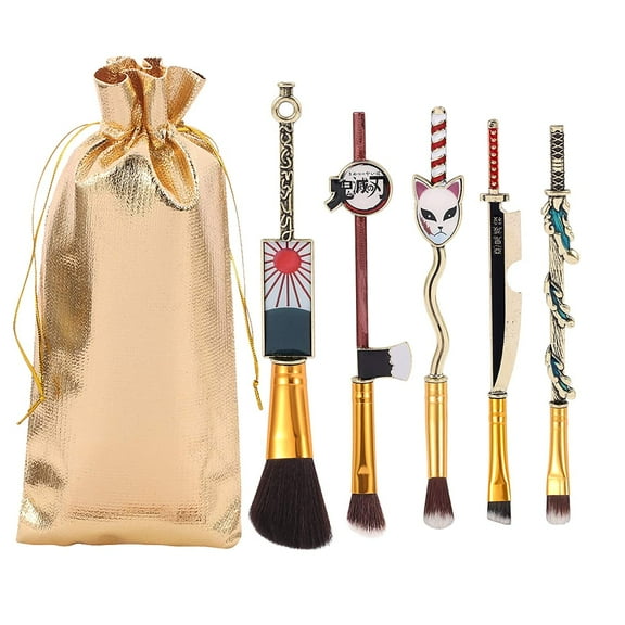 Demon Slayer Anime Makeup Brushes Set - 5pcs Kimetsu noyaiaba Peripheral Makeup Brushes Nezuko Tanjirou Metal Handle Makeup Tools Gift for Fans