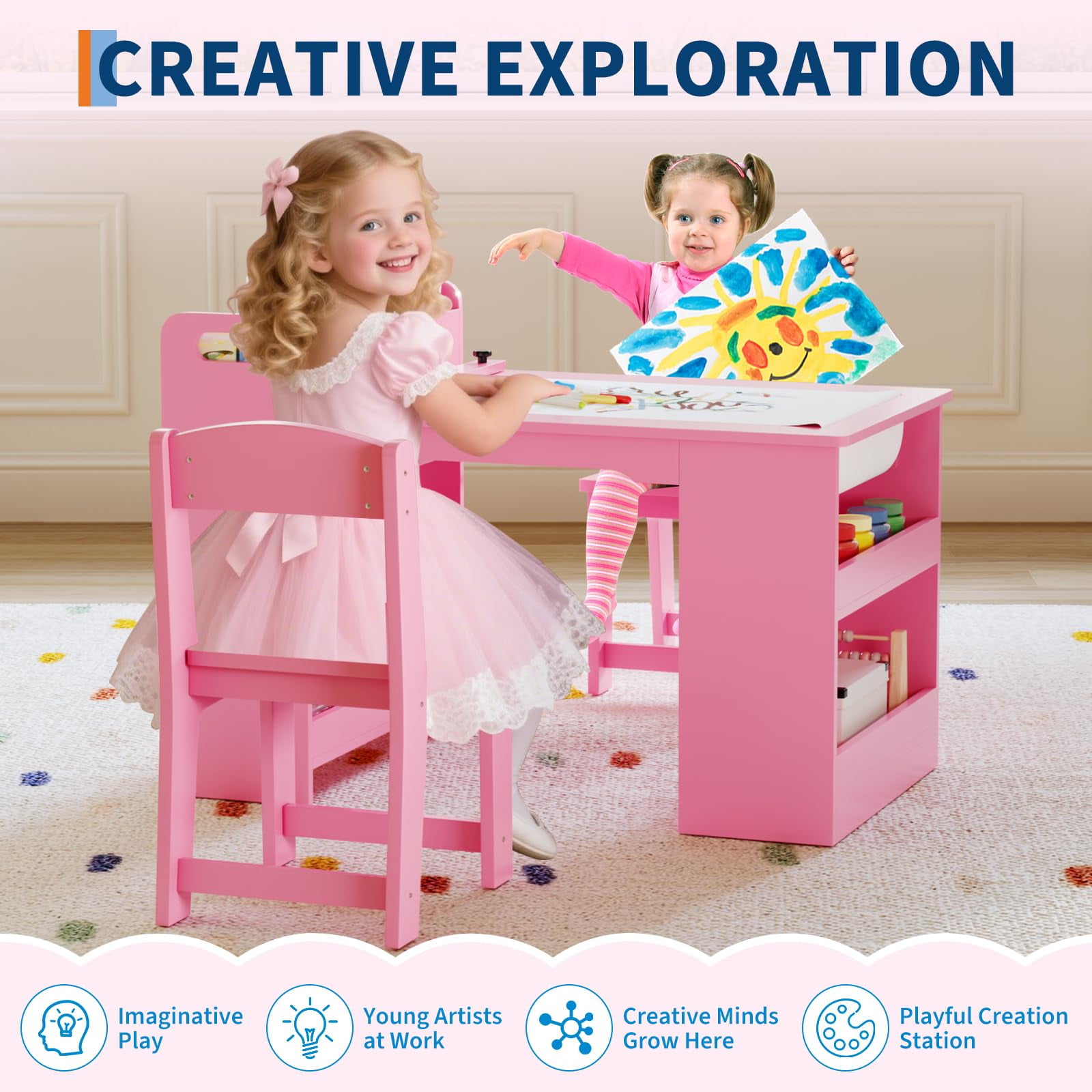 Litake Kids Art Table and 2 Chairs, Craft Table with Large Storage Shelves,Toddler Wooden Drawing Desk Activity & Crafts Children's Wooden Furniture for Classroom Daycares,Home
