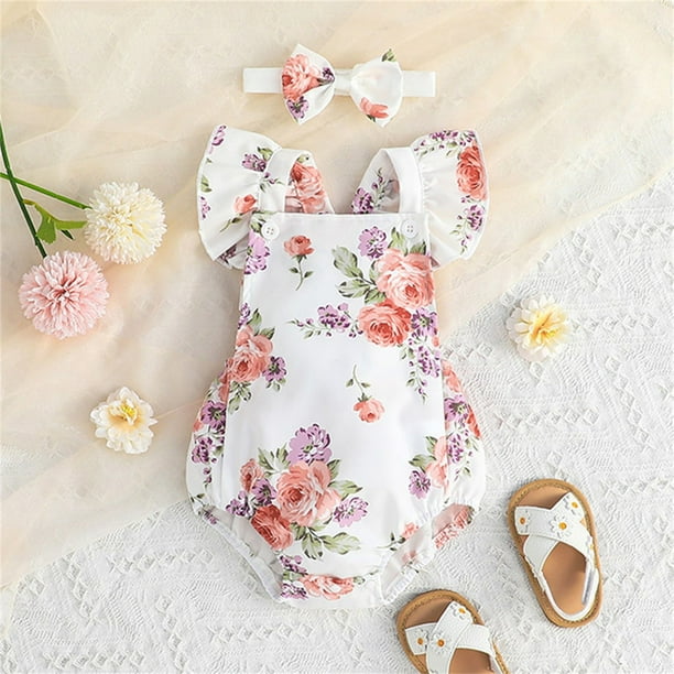 Gibobby Mamelucos para bebe nino Monos de flores para ninas pequenas mono con volantes y diadema con estampado de manga voladora mono Floral ropa