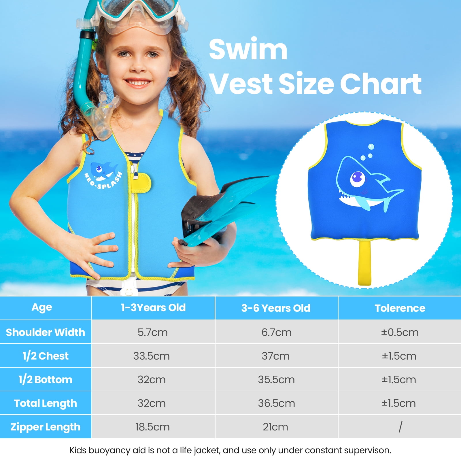 NEO-SPLASH Toddler Swim Vest, Neoprene Life Jacket for Kids Ages 3-6 (41.8-66.1 lbs), Blue Shark