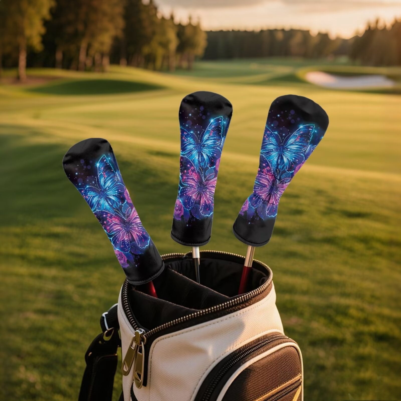 Uorisanigo Golf Club Driver, Fairway Wood and Hybrid Head Cover PU Leather Butterfly Print Headcover, Golf Club Cover Abrasion-Resistant Protection for Clubs Headcover Fits Men and Women