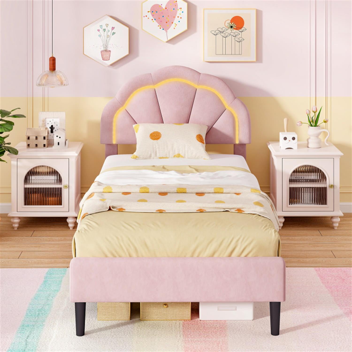 Demi Bonn Twin Size Upholstered LED Bed Frame with Adjustable Flower Headboard and Metal Support Feet, Platform Bed Frame with Wood Slats Support, No Box Spring Needed, Pink