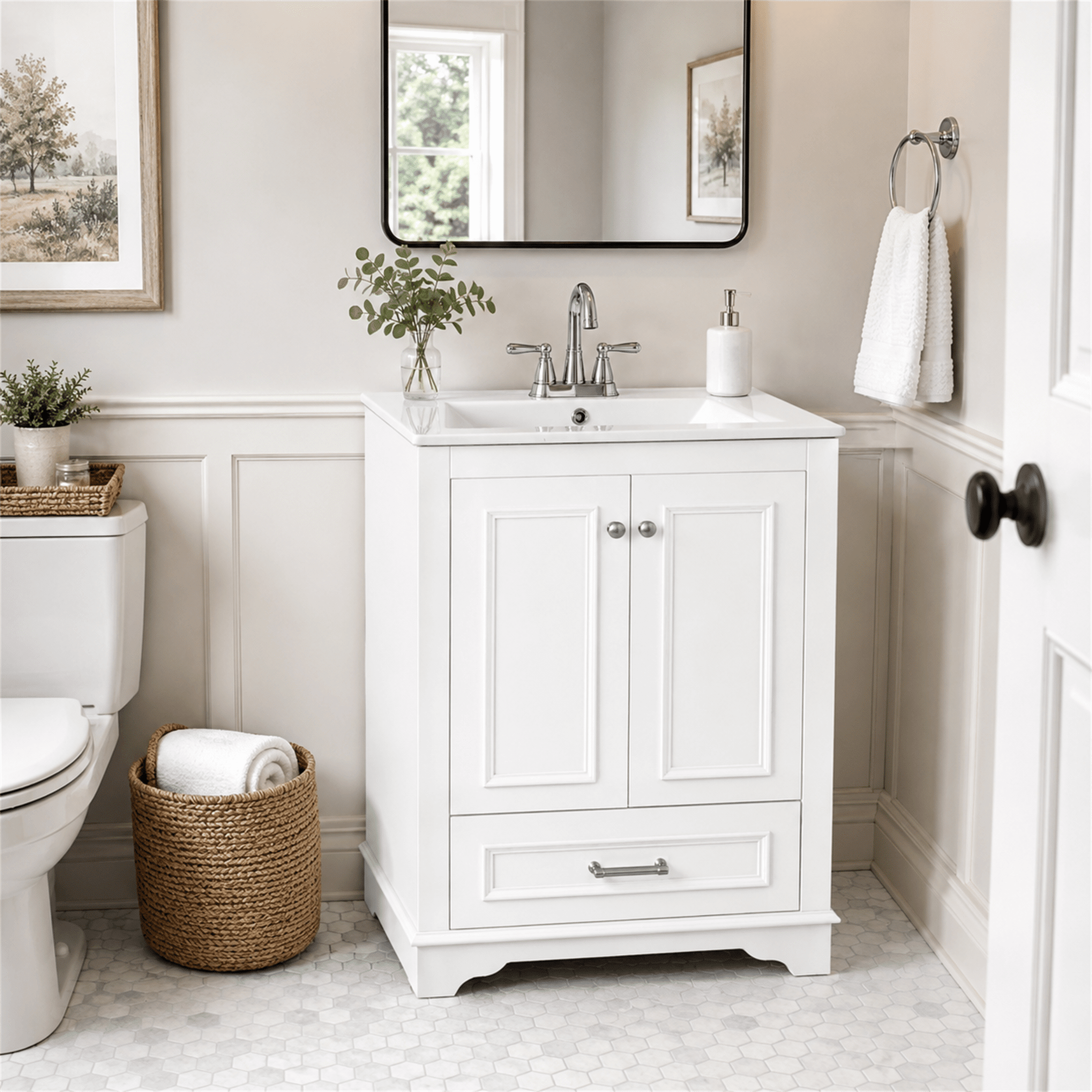 Homy Casa 24" Bathroom Vanity with Ceramic Sink, Soft-Close Doors and Drawer, White