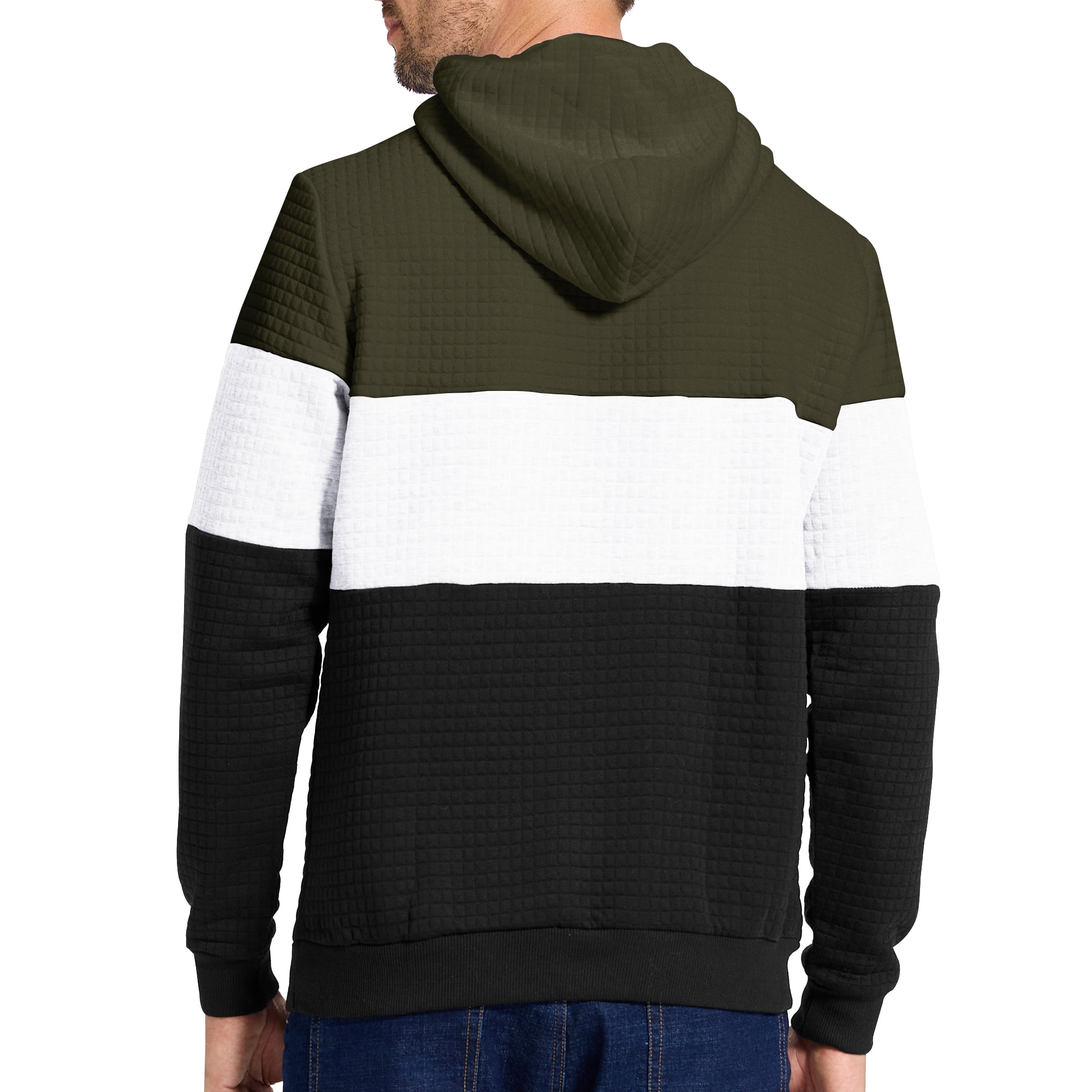 Satankud Men's Pullover Hoodies Plaid Jacquard Color Block Long Sleeve Casual Hooded Sweatshirts with Kanga Pockets Armygreen/White/Black 2XL