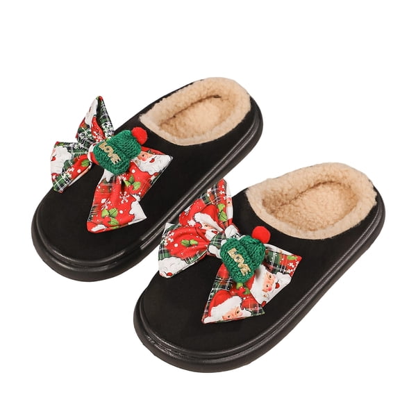 CHUMUD Christmas Slippers for Women - PU Upper with Colorful Bow & Plush Lining, Festive Platform Winter House Shoes Holiday Gifts