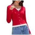 thumbnail image 3 of Women's V Neck Long Sleeve Tunic Top Shirts Blouses Loose Fit Solid Color Hollow Out Button Down Casual Daily Wear Work Office Vacation Fashion Essential Gift for Women | Aestivo,Red XL, 3 of 8