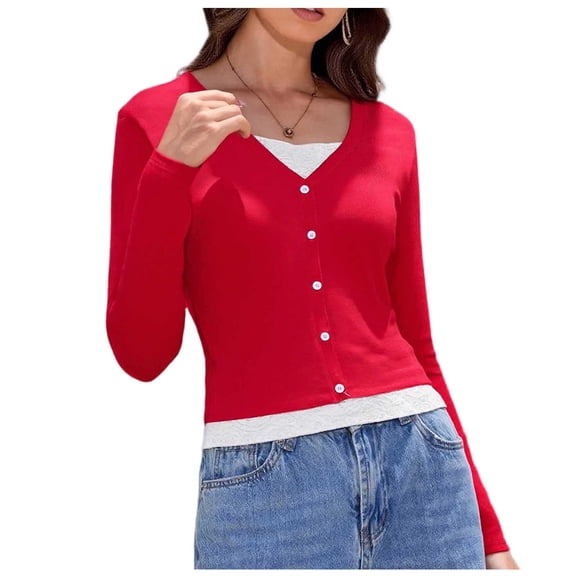 Lenpel Crop Tops for Women Trendy Long Sleeve V Neck Lace Patchwork Button down Slim T Shirts Soft Casual Blouses(Red,X-Large)