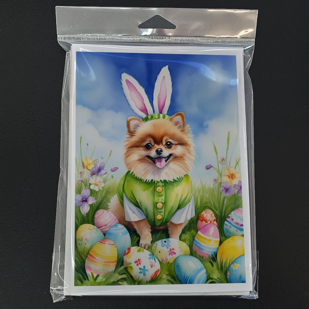Pomeranian Easter Egg Hunt Greeting Cards Pack of 8 7 in x 5 in