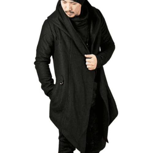 Mens Long Sleeve Irregular Hem Cardigan Coat Trench Cardigan Hooded Cloak Cape Long Sleeve Knitted Coat