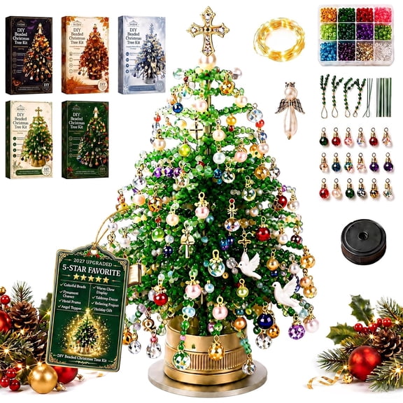 DIY Crystal Bead Christmas Tree Kit, Handmade Holiday Craft Set with Sparkling Beads, Tabletop Xmas Decoration for Adults Home Party