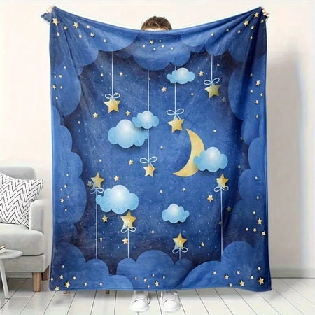 HELLOYOUNG Flannel Throw Blanket Starry Sky Pattern Soft Fleece All-Season Cozy Blue Moon Stars Design Lightweight Gift for Family
