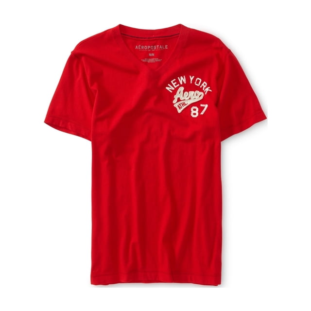 Aeropostale Mens New York Athl. Camiseta adornada con cuello en V, roja, pequeña