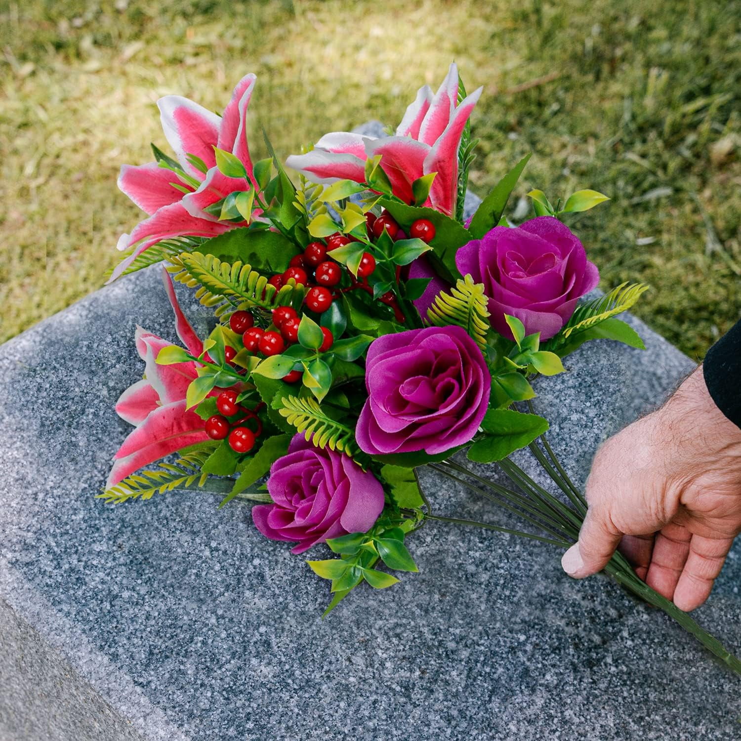 Artificial Cemetery Flowers for Grave, Set of 2 Artificial Memorial Flowers with Vase for Outdoor Cemetery Headstones Graveyard Gravestone Decoration (Red Lily&White Purple Peony)