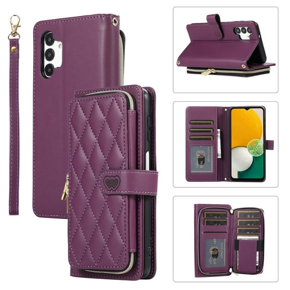 SaniMore for Samsung Galaxy A14 5G Buisness Case, Zipper Purse [Card Holders] Magnetic Clasp Kickstand Wrist/Crossbody Chain Lanyard PU Leather Wear-resistant Full Protective Wallet Shell Darkpurple
