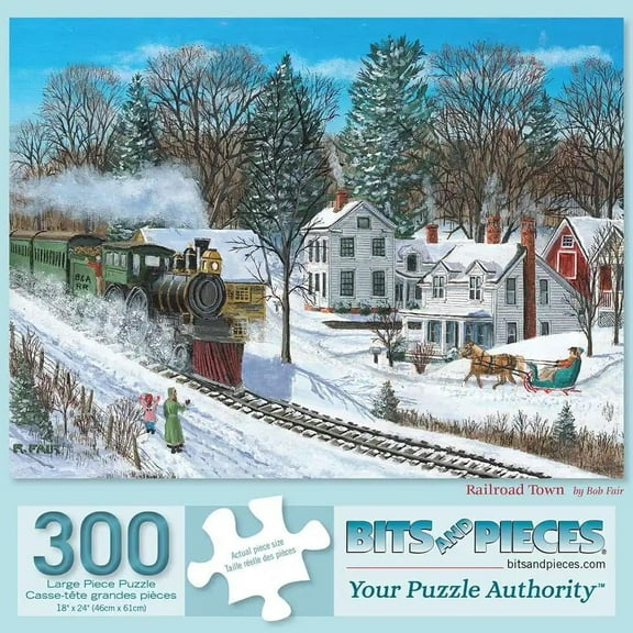 Bits and Pieces "Railroad Town" Jigsaw Puzzle 300 Piece Train on a Winter Day 18" x 24"