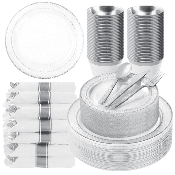 Goodluck 350PCS Clear Plastic Plates with Silver Trim for 50 Guests, Disposable Dinnerware Set for Party & Wedding, Includes 100 Plastic Plates, 50 Pre Rolled Napkins with Silver Silverware, 50 Cups