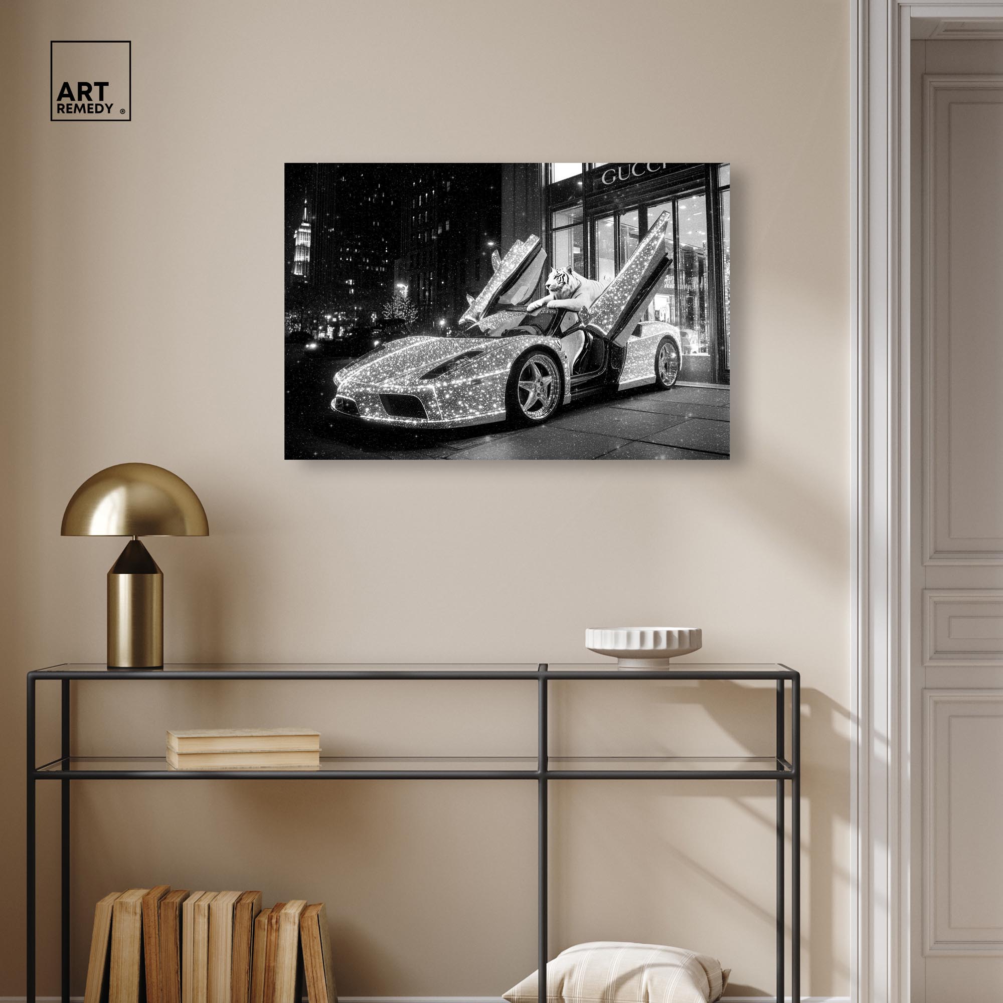Glistening Tiger and Car Canvas Luxury Cars Prints by Art Remedy, Gallery Wrapped, 30 x 20
