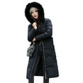 thumbnail image 5 of Winter Women Jacket Furry Hood Long Sleeves Pockets Knee Length Zipper And Button Closure Slim Waist Cotton Coat Mid Length Solid Color Windproof Warm Coat, 5 of 8