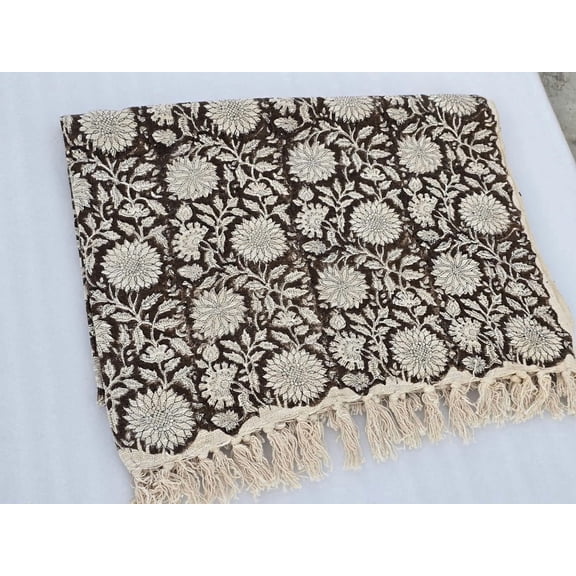 Brown Sofa Handmade Throw Hand block Print Throw Soft Boho Cotton Blanket Sofa Room Décor Tassels Hand Loomed Lightweight Decorative throw