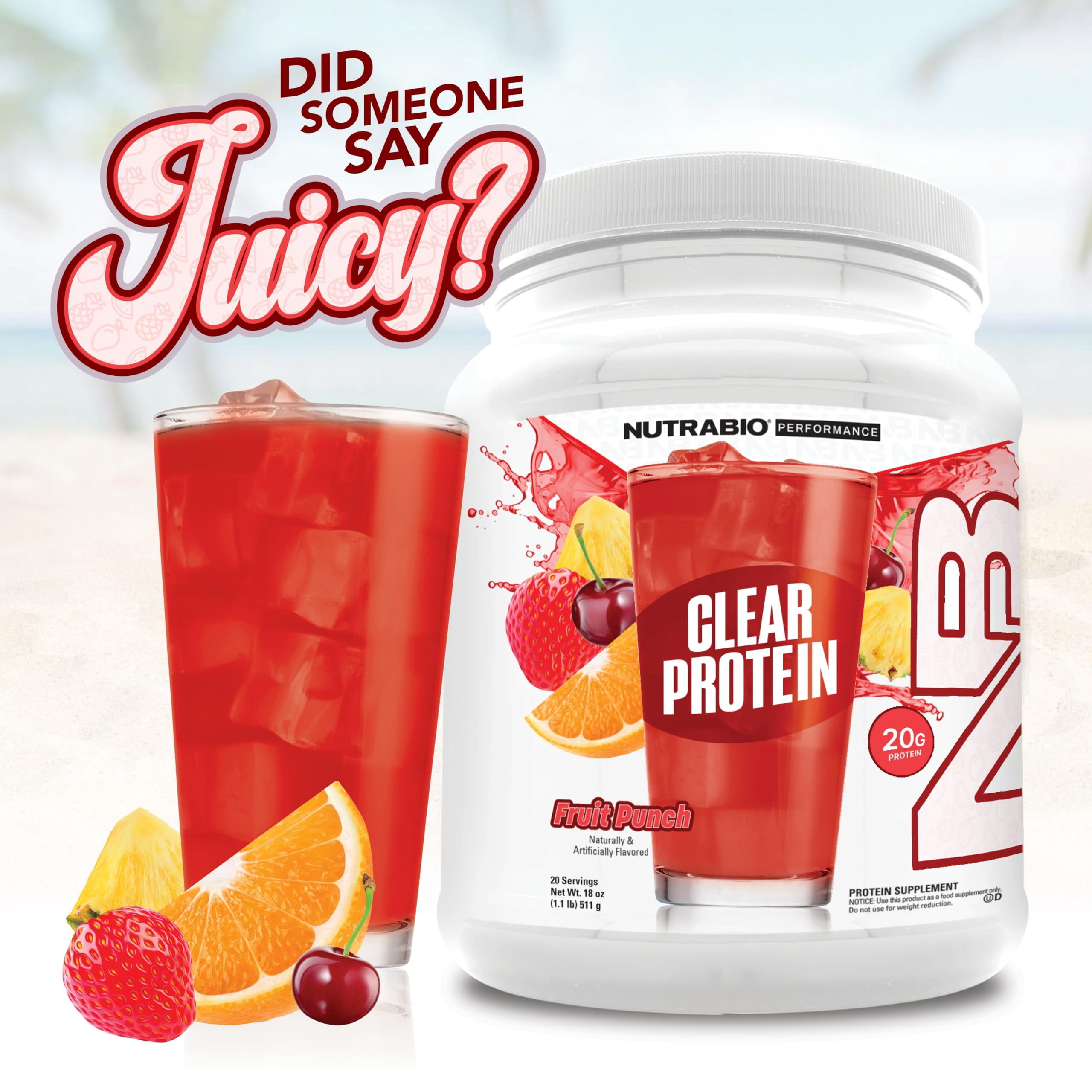 NutraBio Clear Whey Isolate Protein Powder, Delicious & Refreshing Fruit Flavors, Protein Juice, No Milky Taste, No Foam, Zero Sugar, Fruit Punch, 20 Servings