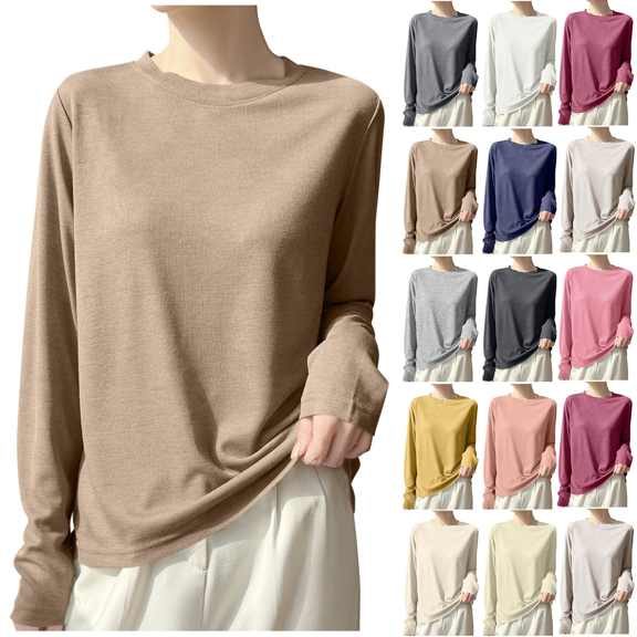 Liuinsasek Women's Long-Sleeve Top Knit Pullover Fashionable Thin Lightweight Solid-Color Round-Neck Base Layer Winter Outfits