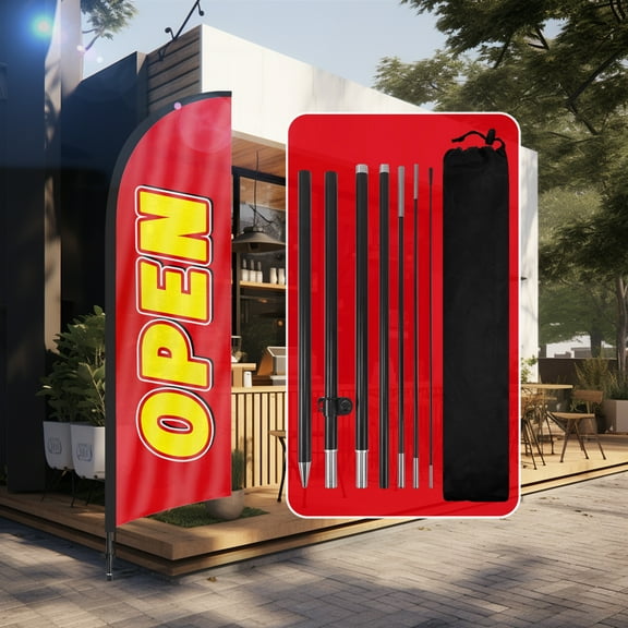 QSUM Open Sign Feather Flag with Pole Kit,7FT Open Decoration Display, Open Business Sign,Open Swooper Flag(RED)