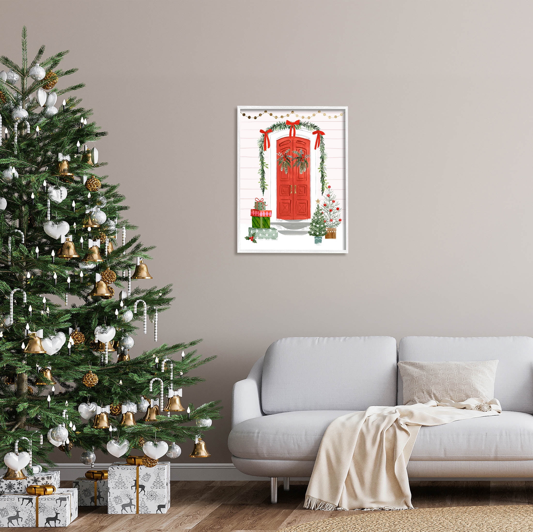 Stupell Industries Red Jolly Christmas Doorway Graphic Art White Framed Art Print Wall Art, Design by Victoria Barnes