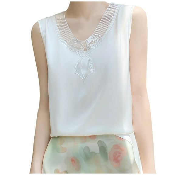 Taqqpue Women Embroidery Lace Tank Tops Sleeveless Lace Silk Satin Casual Top Elegant Dressy Cocktail Shirts Loose Fit Trendy Fashion Party Tank Tops