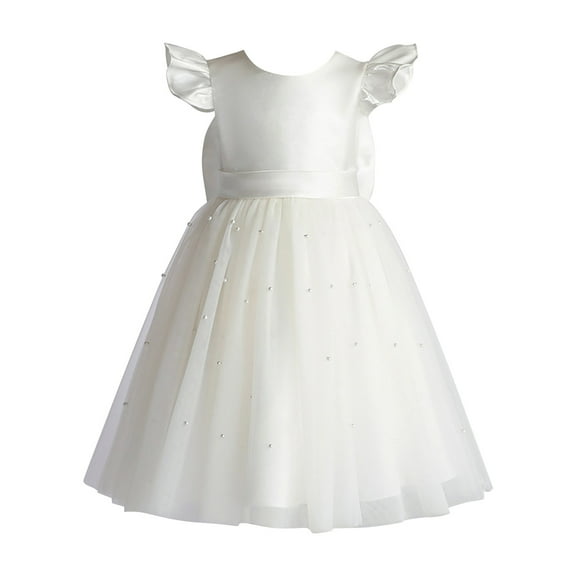 Generic Kids Christmas Night Gowns Girls Summer Fly Sleeve Satin Beaded Bow Gown Dresses Birthday Party Kid for Wedding Evening Formal Dance (7-8 Years,White)