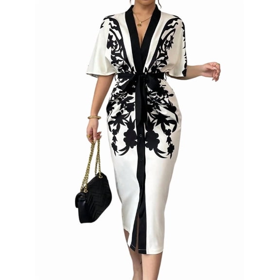 Jaimenalin Women Summer Dresses Floral Print Plunge V Neck Midi Dress Casual Ruched Slit Bodycon Party Dress Black & White XL