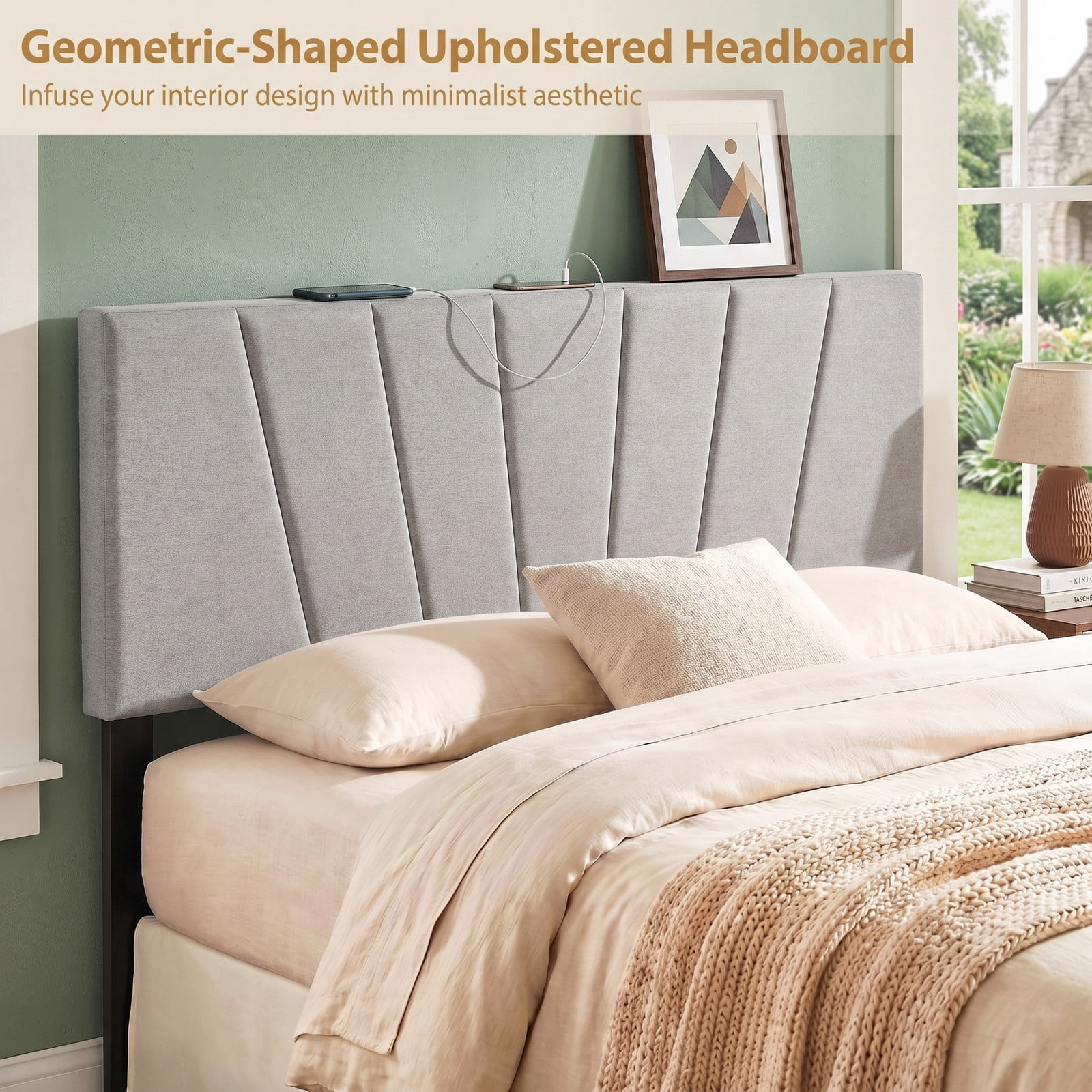 Furnibear Geometric Channel Upholstered Headboard with 2 AC Outlets and USB and Type-C Charging Ports for Full and Queen Size Beds, Gray