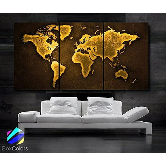 Original by BoxColors Large 30"x 60" 3 Panels 30x20 Ea Art Canvas Print World Map Color Gold Brown Yellow Wall Decor Interior Home Office (Included Framed 1.5" Depth)