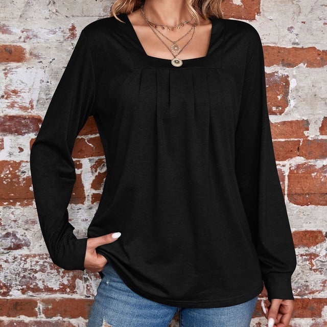 aidice Womens Shirts Square Neck Long Sleeve Ruched Loose Blouses Casual Comfy Solid Color Pullover Tops