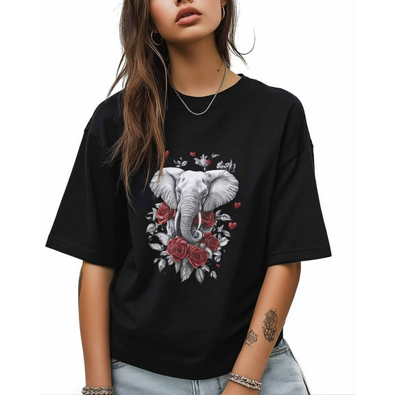 T Shirts for Women Short Sleeve Cotton Crewneck T-Shirt, Elephant Rose Hand Drawn Tee Tops Casual Basic T-Shirts, XS-5XL Black M