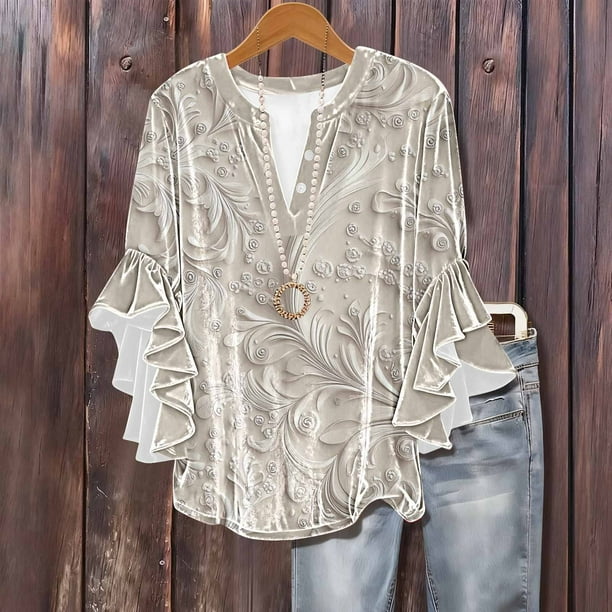 Tejiojio Women's Casual Printed Top Lace Trim V-Neck 3/4 Sleeves Button Down Fashionable Daily Wear