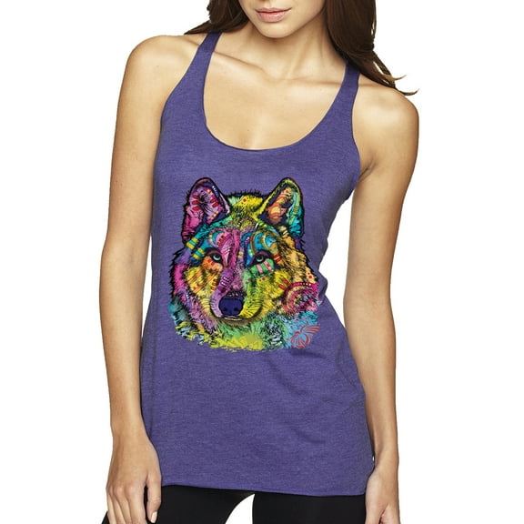 Colorful Majestic Neon Atric Wolf | Dean Russo Art Animal Lover Tri-Blend Racerback Sleeveless Top, Purple Rush, M