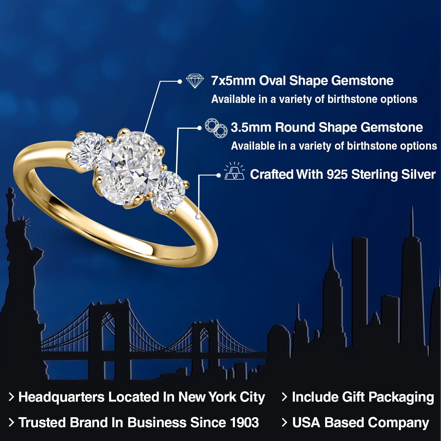 Gem Stone King 18K Yellow Gold Plated Silver Lab Grown Diamond Engagement Ring for Women | 1.04 Cttw | Oval 7X5MM and Round 3.5MM | DEF Color | VVS-VS Clarity (Size 6)