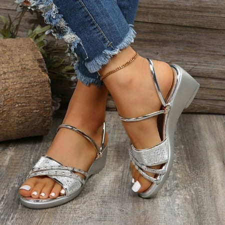 

loopsun Summer Sandals for Womens Womens Sandals Clearance Women s Summer Casual Round-toe Slippers Chunky Heel Middle Heel Fashion Rhinestone Decoration Slippers